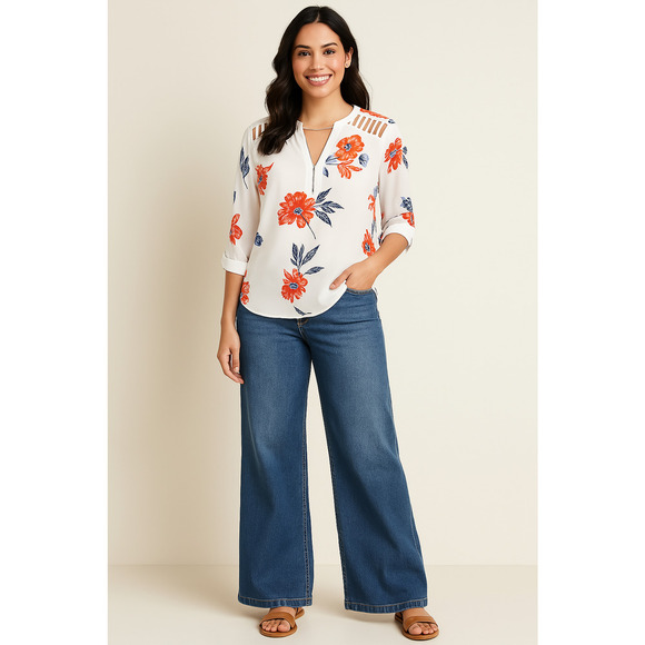 Maurices Women’s M White Floral Blouse Boho Chic Cottagecore‎ Coastal Feminine - Picture 10 of 10